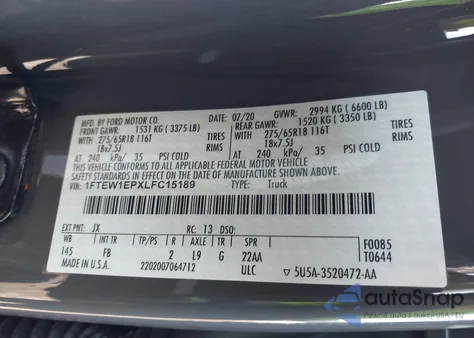 2020 Ford F-150 Xlt из США, поврежденный, VIN 1FTEW1EPXLFC15189